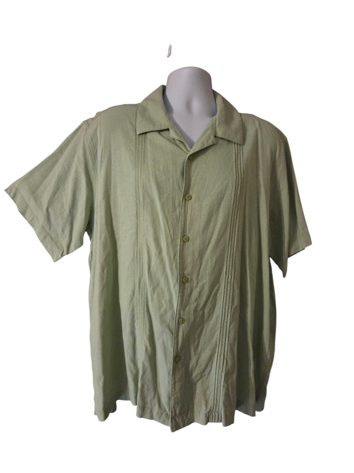 Light Green Linen Blend Men’s SS Button-Up Pintuck Casual Resort Beach Top XXL