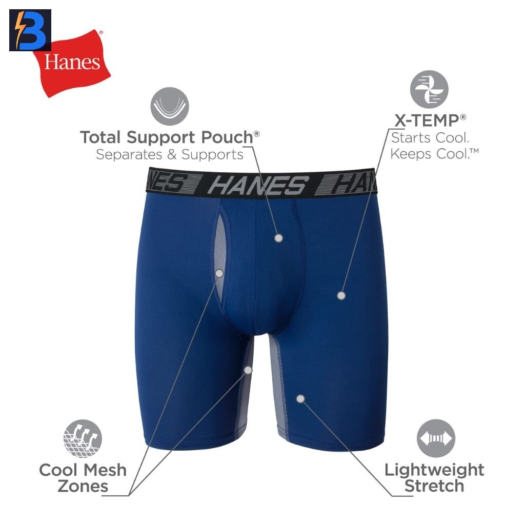 Hanes Men’s X-Temp Total Support Pouch Boxer Briefs: Blue/Gray/Black, L (3 Pair)