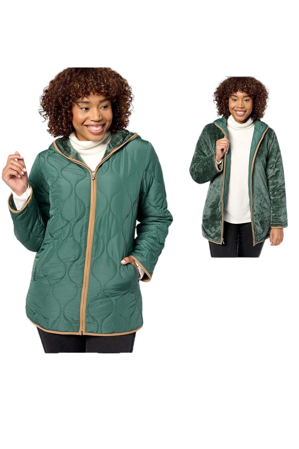 Susan Graver Reversible Quilted Woven & Plush Fleece Jacket Green