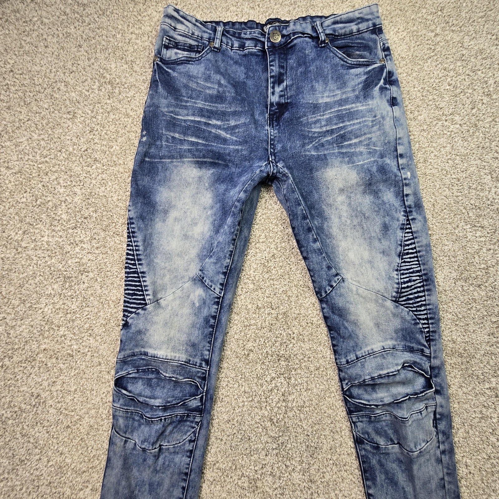 Encrypted Jeans Mens 36×30 Acid Wash Blue Denim Slim Skinny Moto Biker Stretch