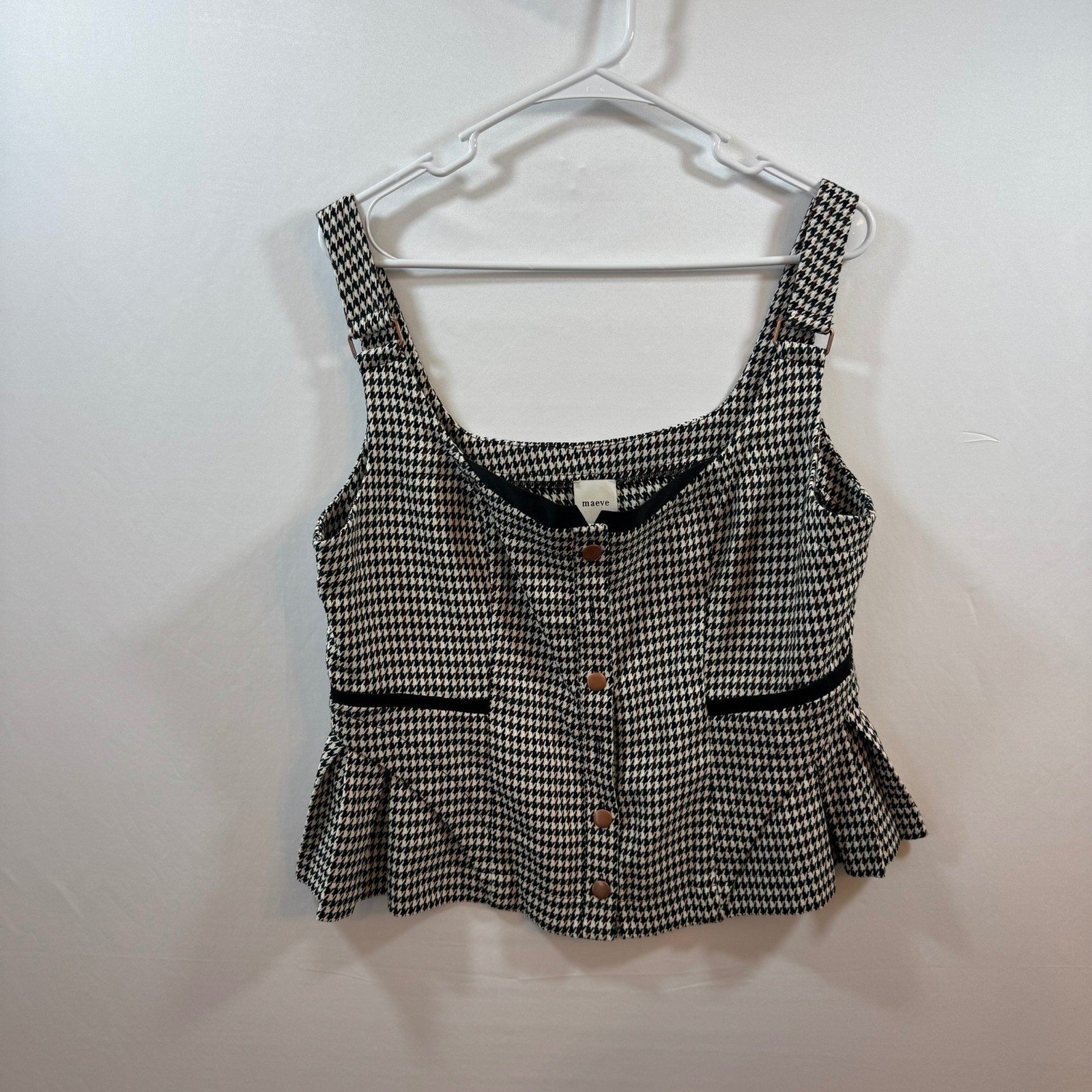 Maeve Anthropologie Houndstooth Peplum Button Front Top Brown Black Large NWT