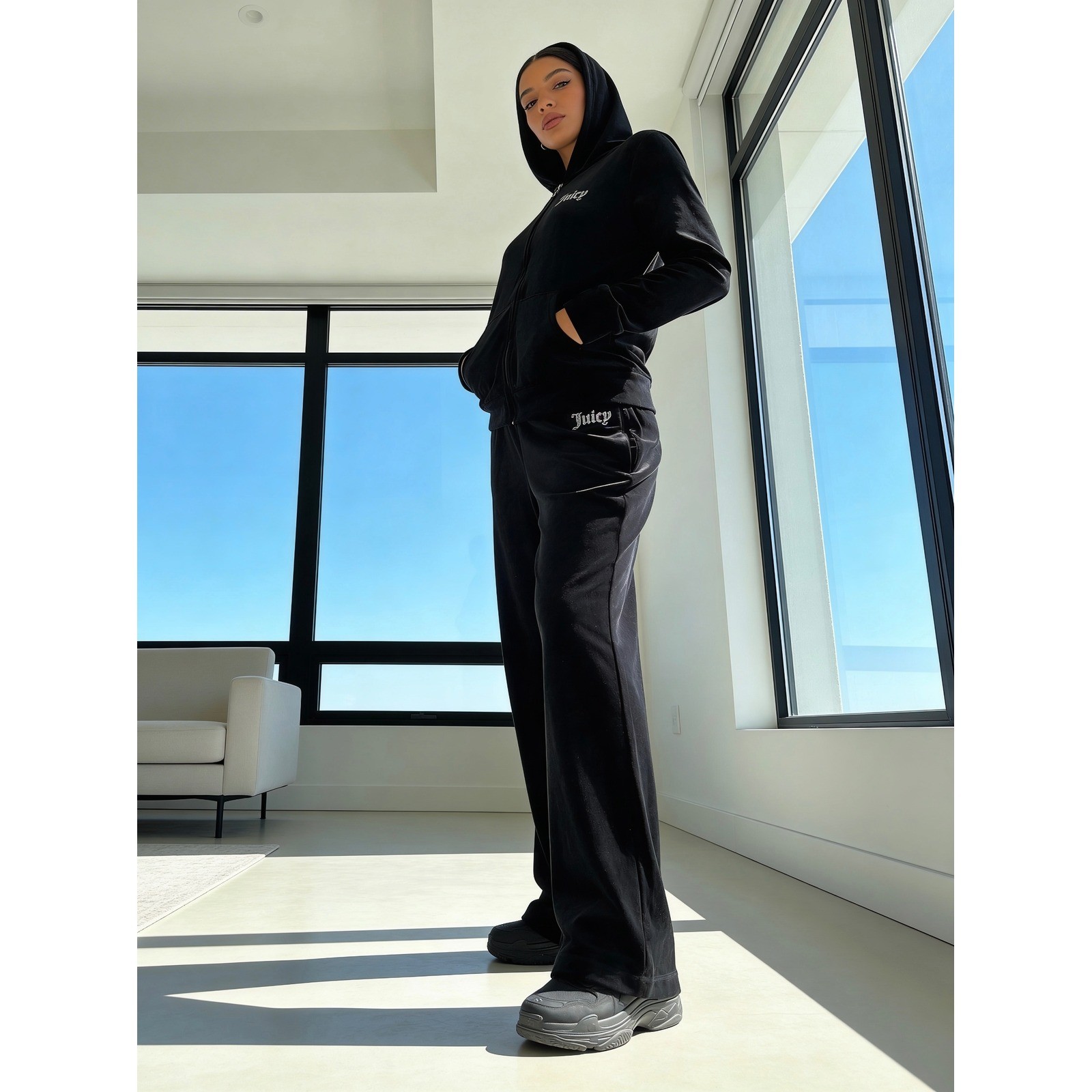 Juicy Couture Black Velour Tracksuit Rhinestone Logo Hoodie Pants Set y2k L
