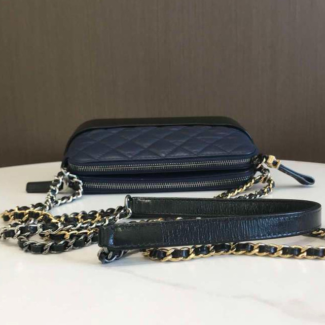 Chanel Blue Black Quilted Leather Mini Silver Gold Chain Diamond Crossbody