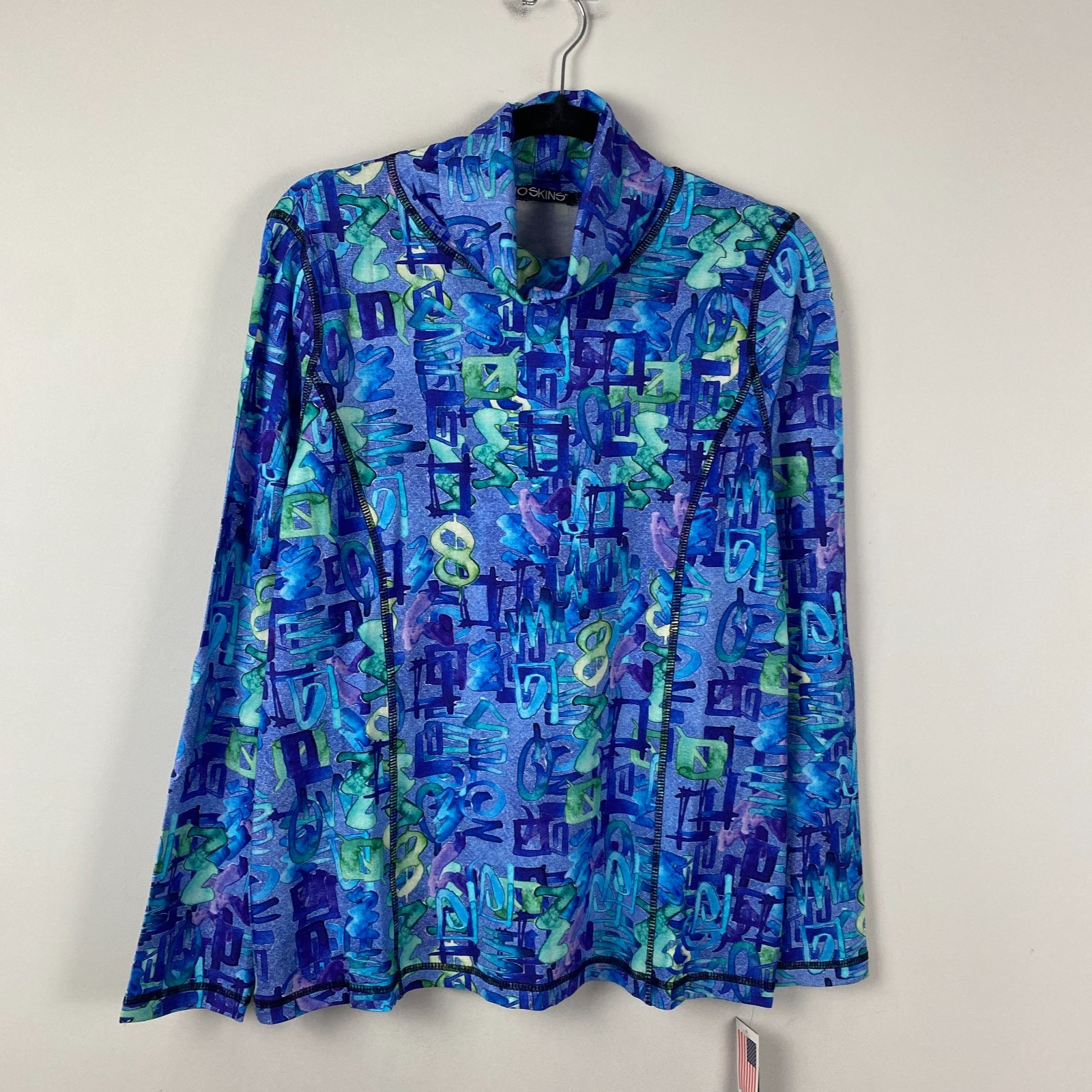 Snoskins Turtleneck Base Layer Top Womens Large Blue Hieroglyphics Stretch
