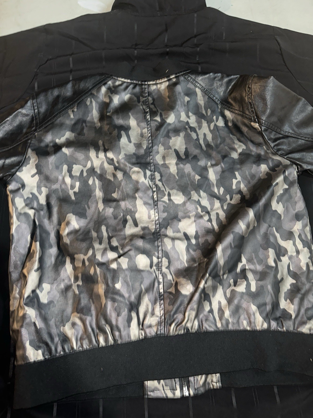 Bongo Womens Large Camo Bomber Jacket Faux Leather Metallic Grey Black Zip