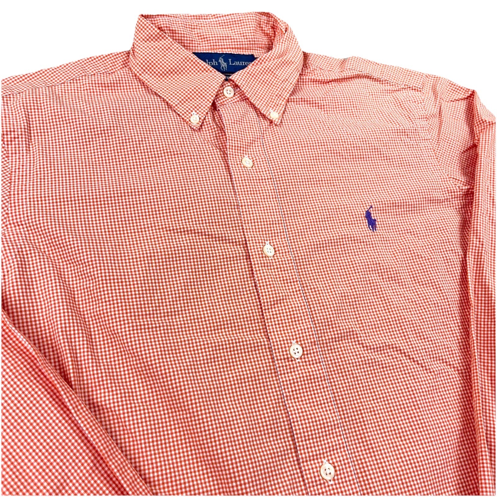 Ralph Lauren Shirt Men Medium Orange Button Up Custom Fit Gingham Poplin Dress
