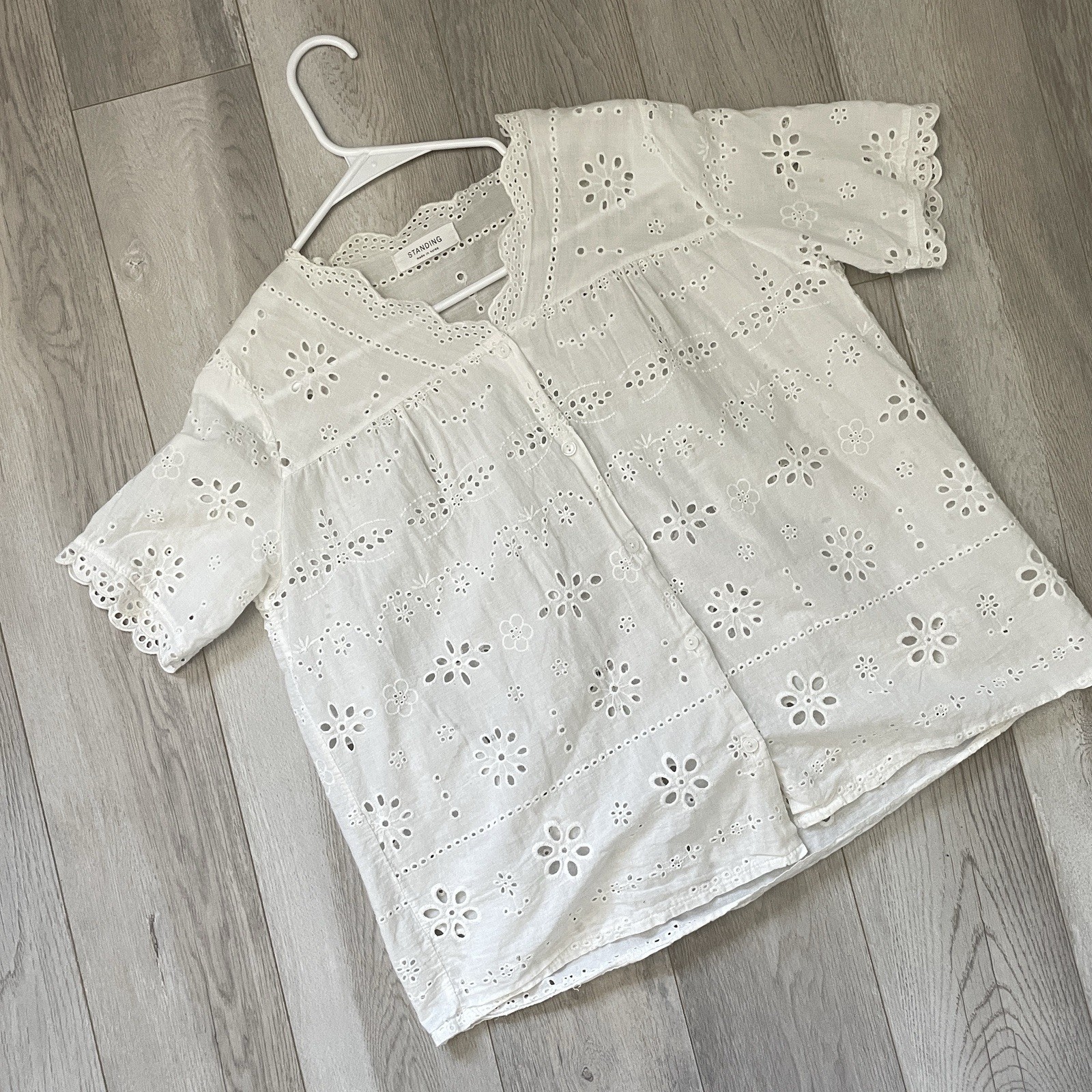 Eyelet Button Up Top short sleeve crop womens White medium boho euro cottagecore