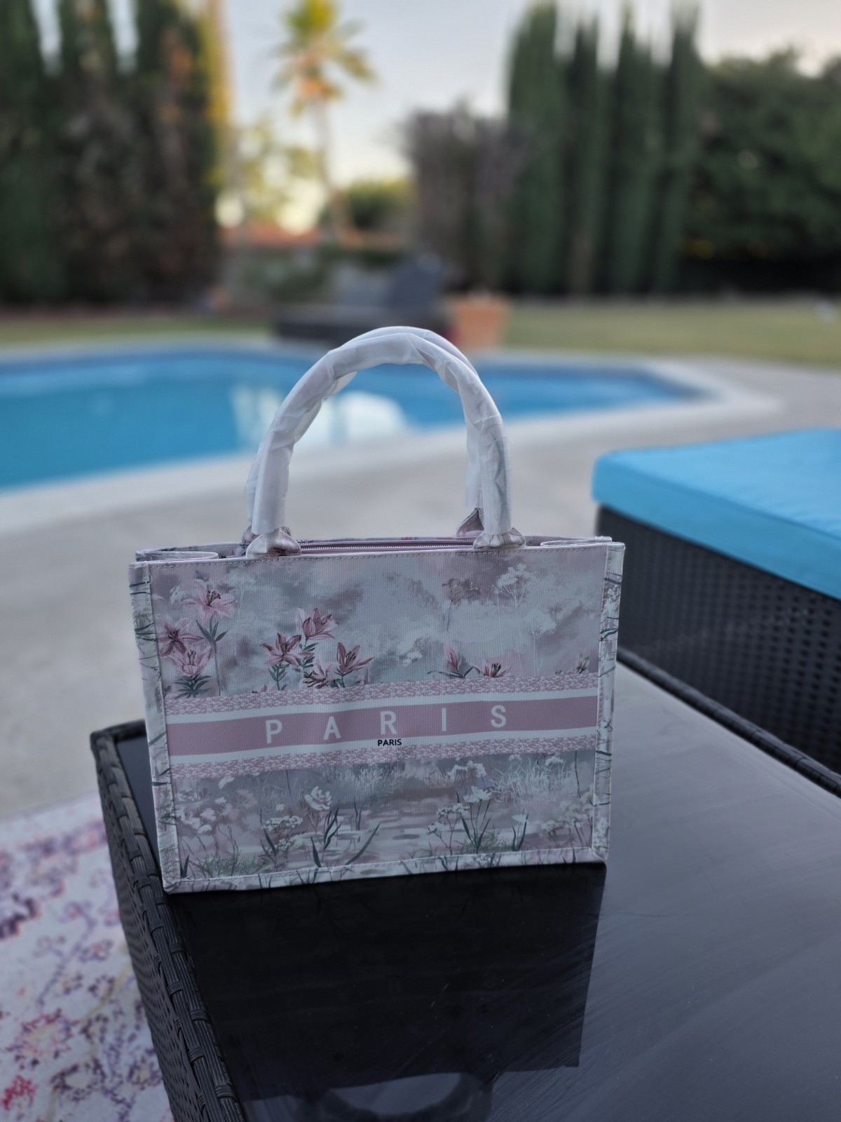 Pink/Gray/White Paris Floral Zip Top Handle Tote Bag Stitching Accents