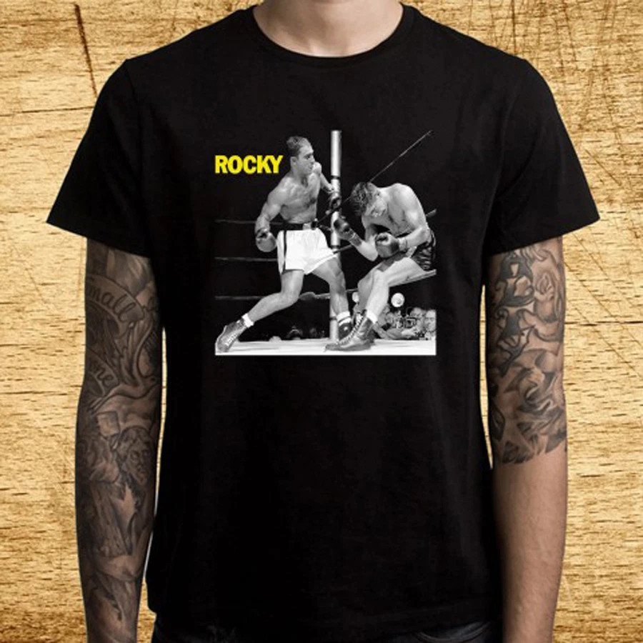 ROCKY MARCIANO Fight Black Cotton T Shirt Size S-5XL