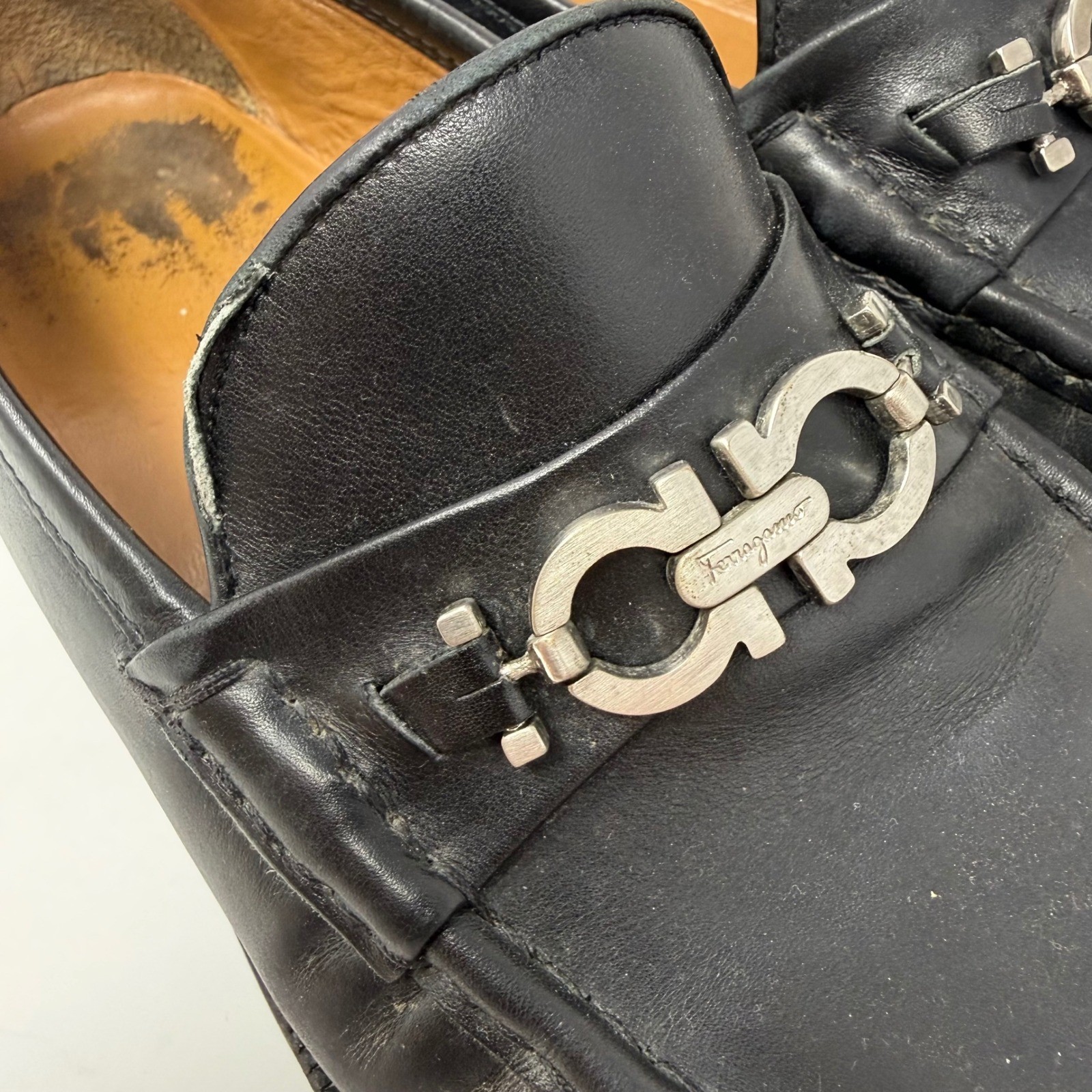 Salvatore Ferragamo Mens 11.5 Black Leather Gancini Bit Loafers FLAW
