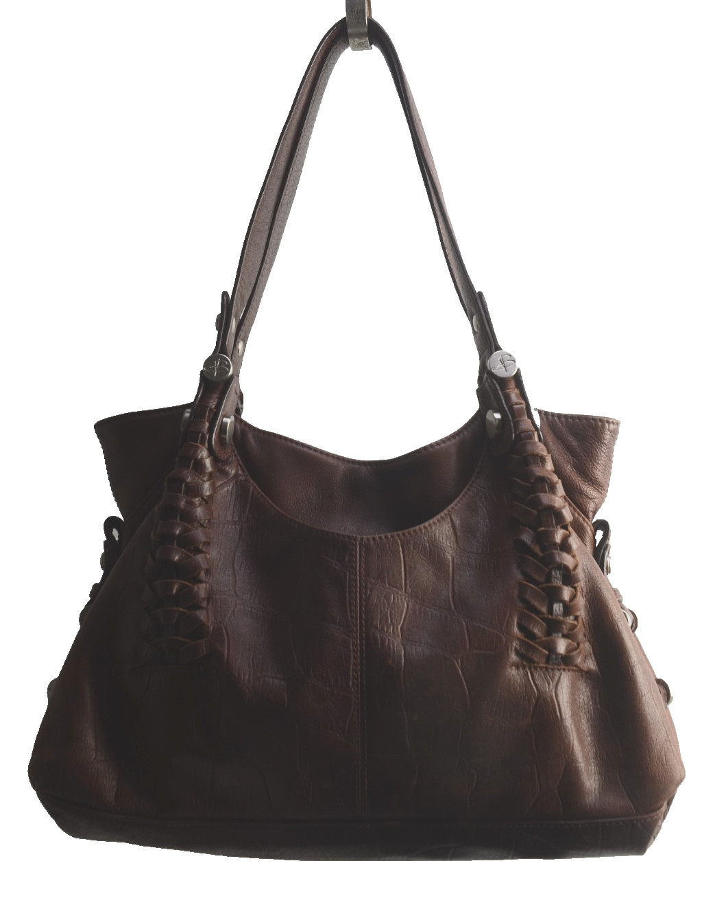 B. MAKOWSKY Brown Croc Embossed Leather Braided Large 14 X 9 Lined Brown Handbag