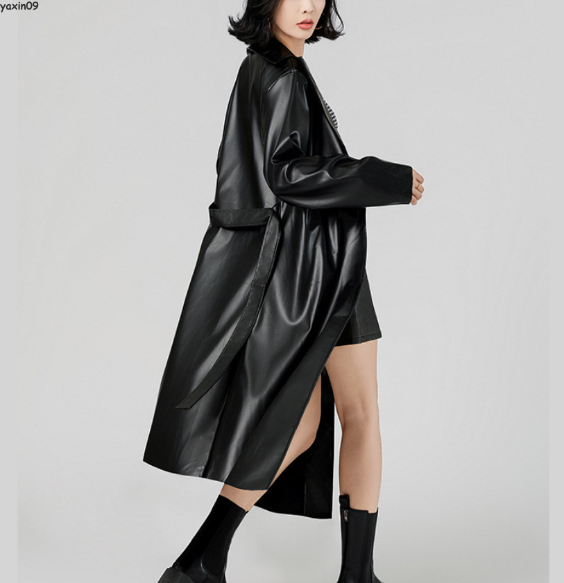 Women Trench Coat Long Loose Jacket Faux Leather Overcoat with Belt Long PU Coat