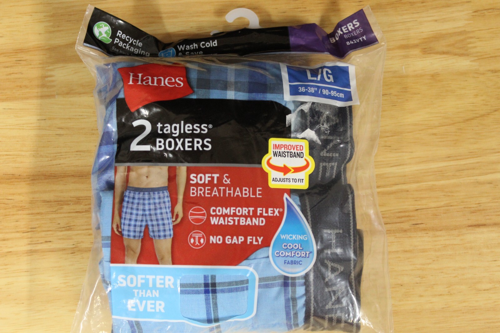 Hanes Men’s 2 Pr Tagless Soft Breathable Wicking Boxers-Blue Plaid-Large-NIP