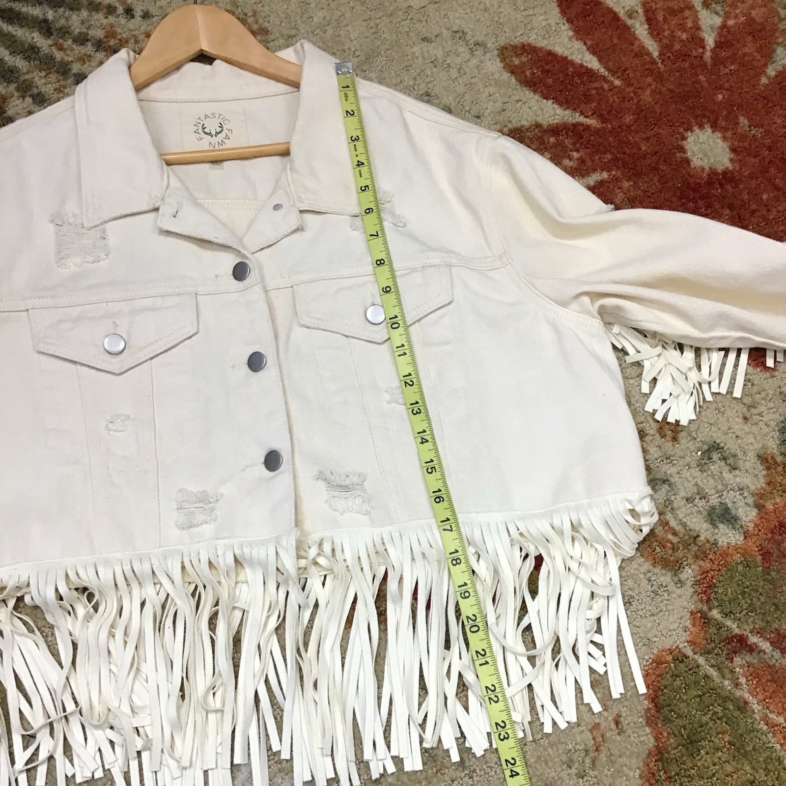 Fantastic Fawn Denim Jacket Distressed Fringe Western Cowgirl Festival Crop