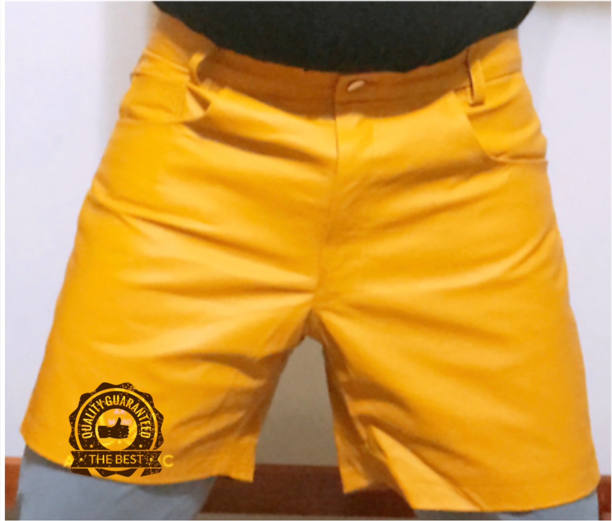 Mens,Cow Leather Shorts Yellow Casual 5 Pocket Short Zipper Fly Real Leather New