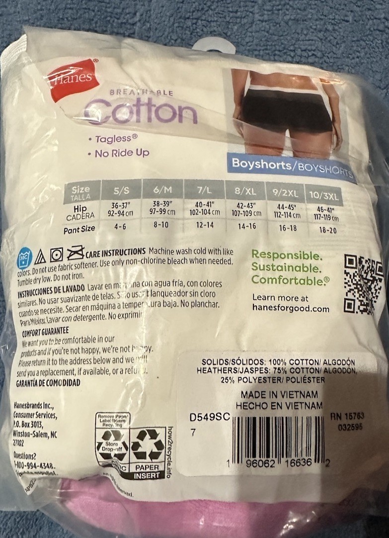 Hanes Women’s Breathable Cotton Tagless Boyshorts 5 Pack Size 7 12/14 Large