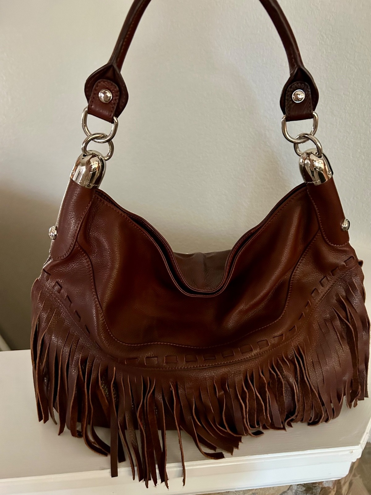 NEW B. MAKOWSKY ANDALUSIA FRINGE LEATHER BROWN HANDBAG