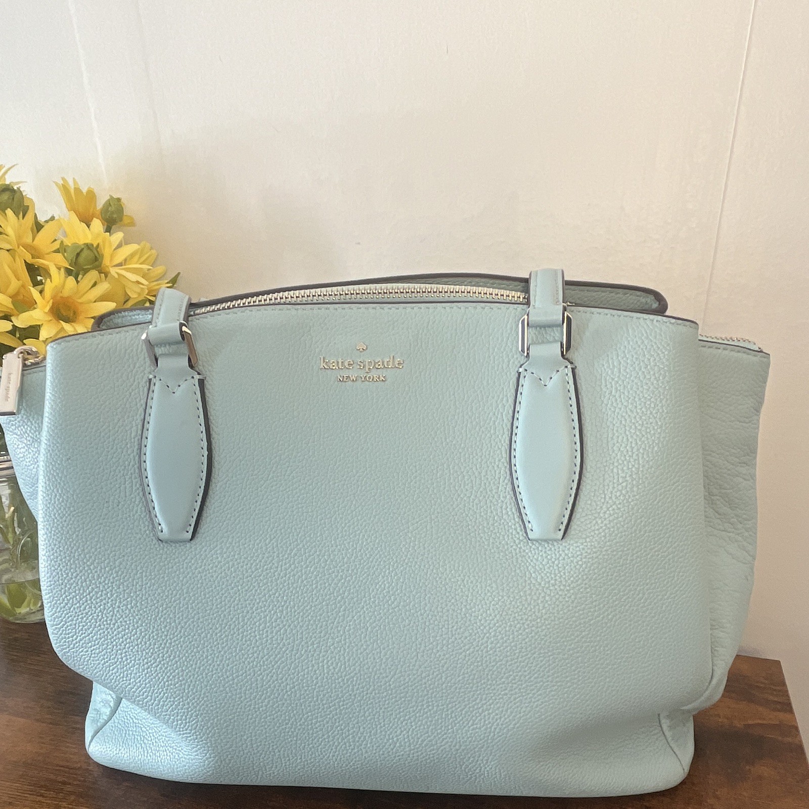 Kate Spade New York Light Blue Teal Large Tote Purse Zip Silver Hardware Pockets