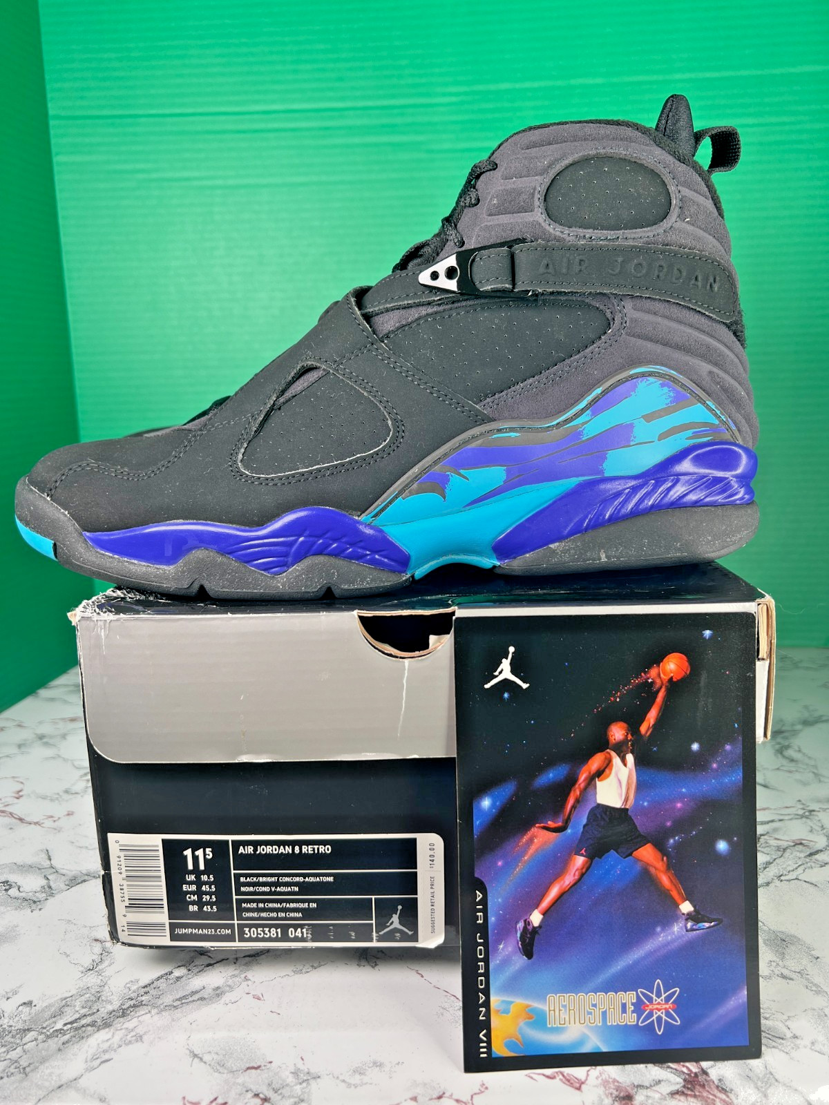 Air Jordan 8 Retro Aqua 2007 Tried On Only Black Concord 305381 041 11.5