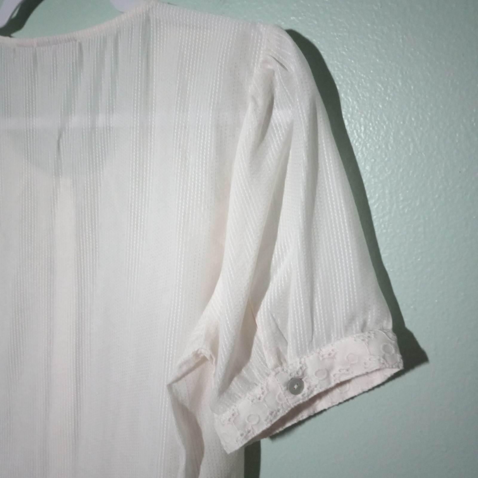 LOGO by Lori Goldstein Top Blouse size Small, Ivory Lace Eyelet Sheer Ruffle