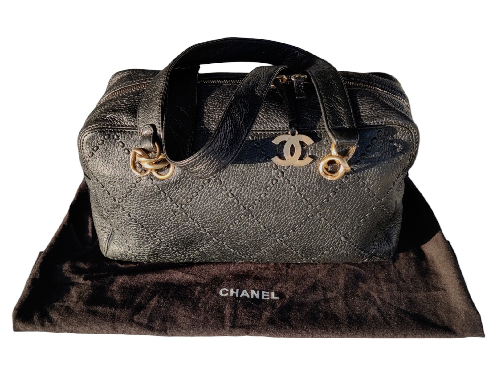 Vintage Chanel Black Leather Bowling Bag Surpique Gold CC Zip Authentic Shoulder