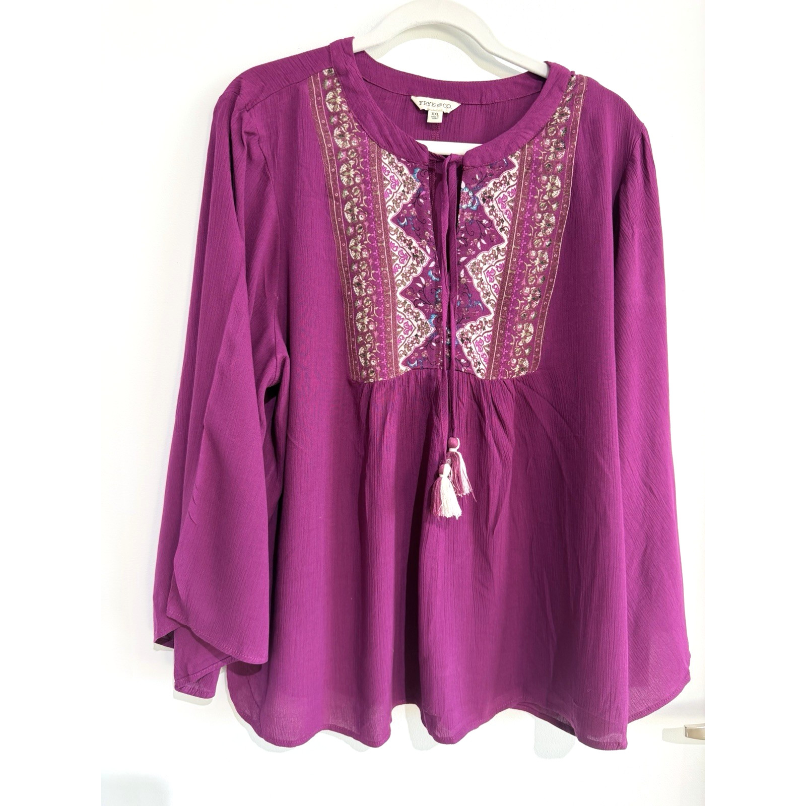 Frye And Co Top 3/4 Bell Sleeve Split Tie Neck Yoke Detail Burgundy Boho Sz-XXL