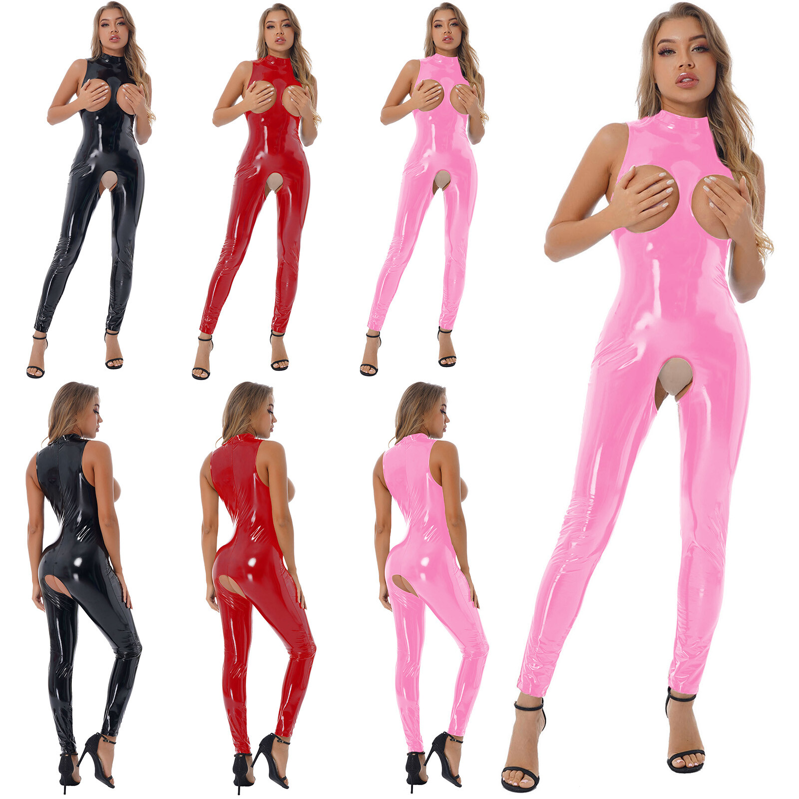 Womens Hollow Out Bodysuit Lingerie Clubwear Shiny Patent Leather Latex Catsuit