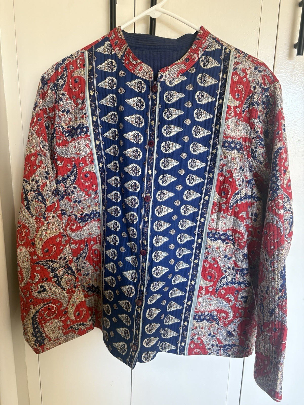 Handmade Quilt Top Blazer Blue Red Boho XL XXL 2xl Thin Quilted Button Shirt