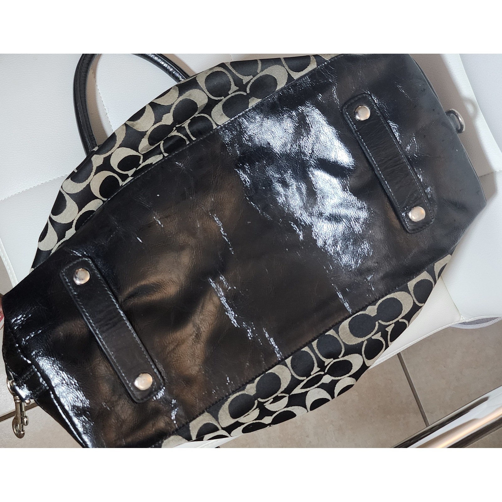 Coach Ashley Signature Satchel Black Grey Jacquard Patent Leather Bag F15440