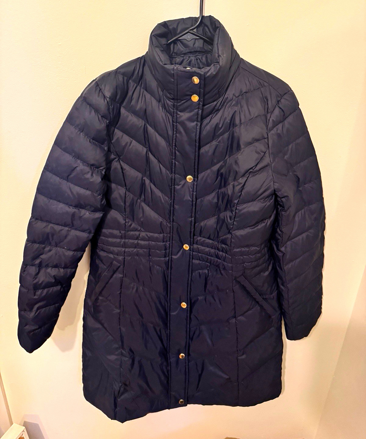 Talbots Women’s Navy Quilted Down Puffer Coat Full Zip Mid-Length S Gold Buttons