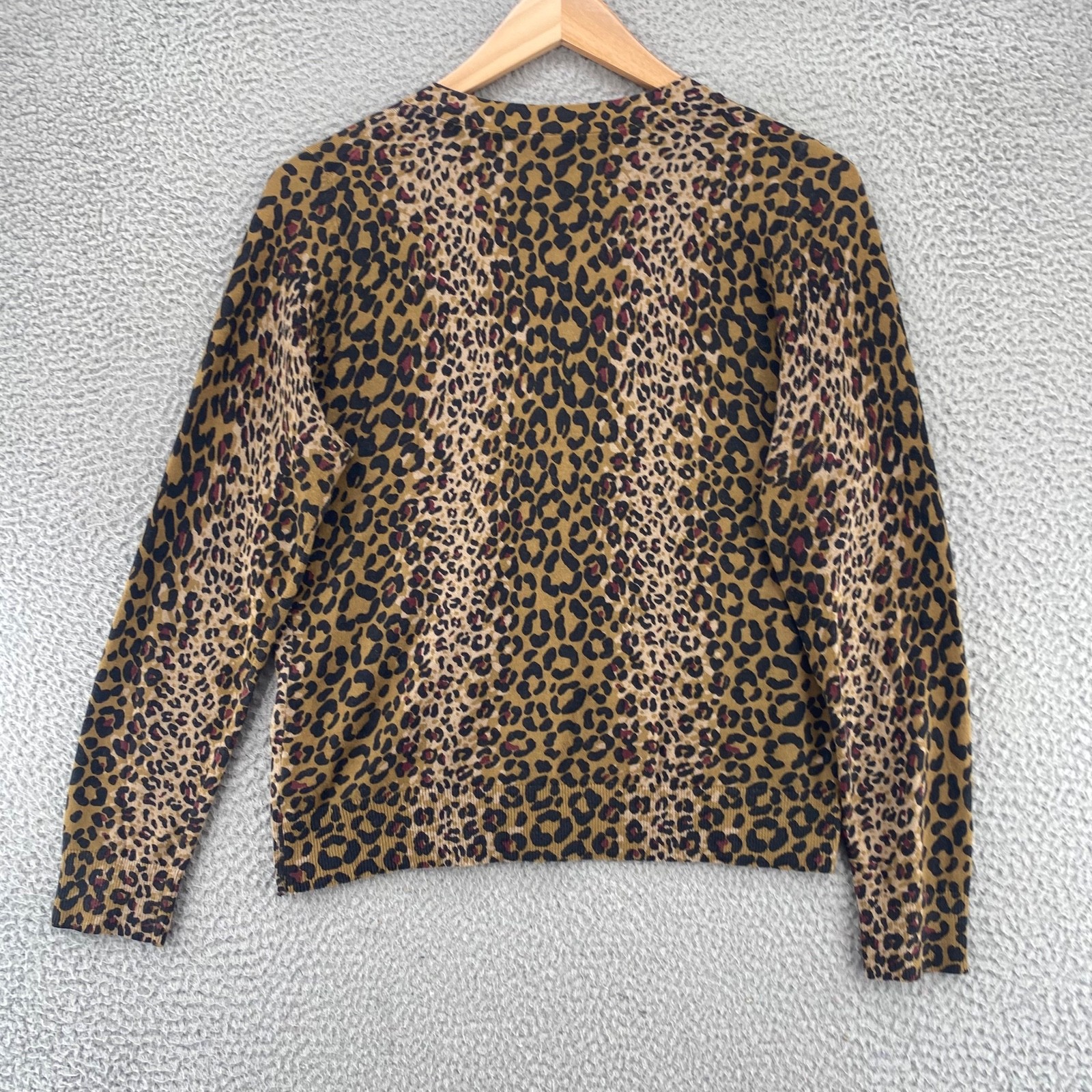 Talbots Sweater Women Large Petite Brown Animal Print Wool Blend Button Cardigan