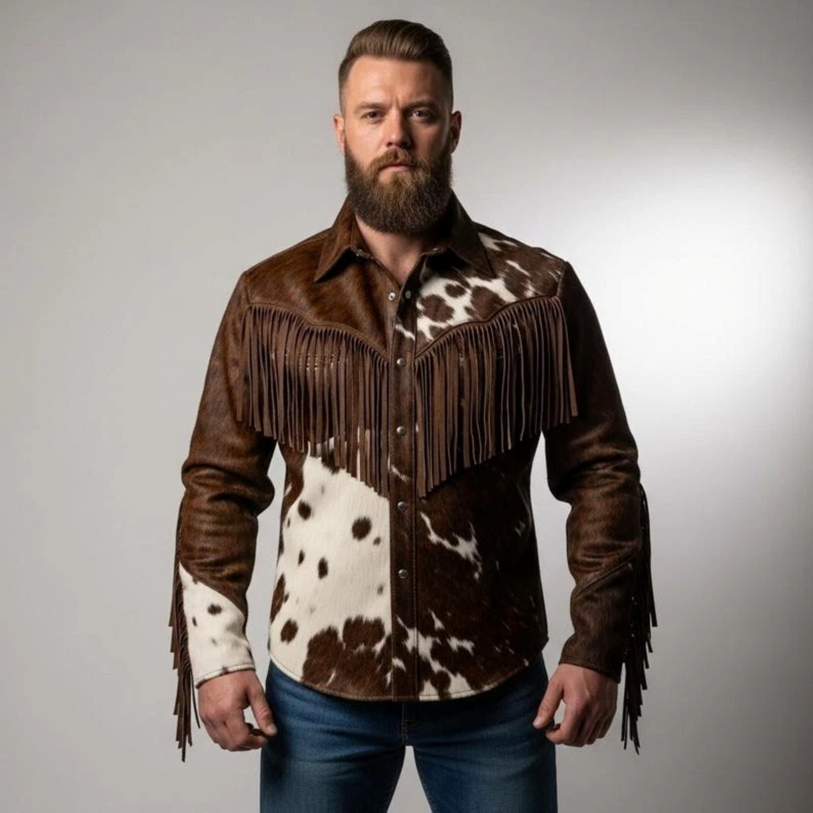 Men’s Western Cowhide Jacket with Hair-on and Cow Print Fringe Detail