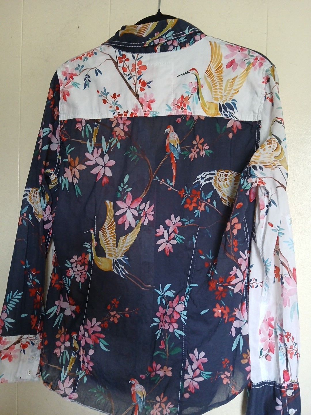 Cino Floral Botanical Bird Print Button Down Blouse Tab Sleeve 100% Cotton Sz M