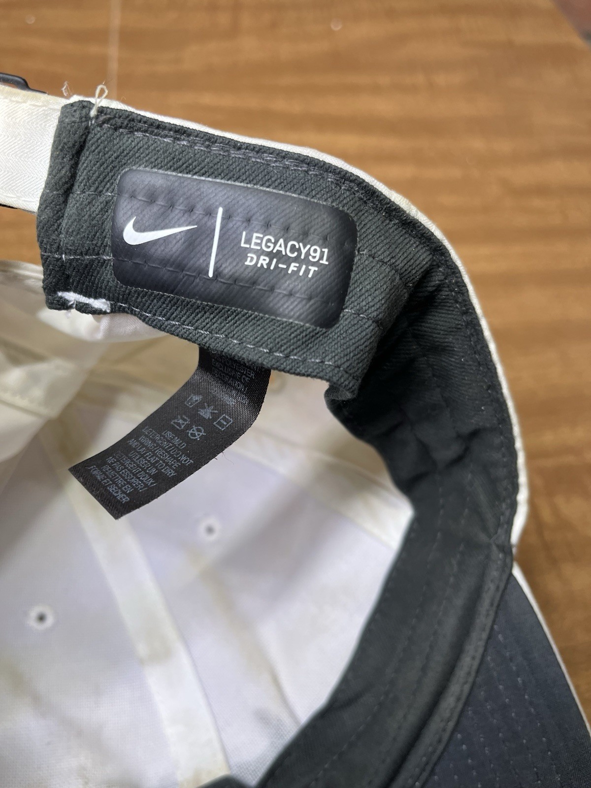 Nike Brown Swoosh Logo Legacy91 Dri Fit Stained White Strapback Hat Athletic