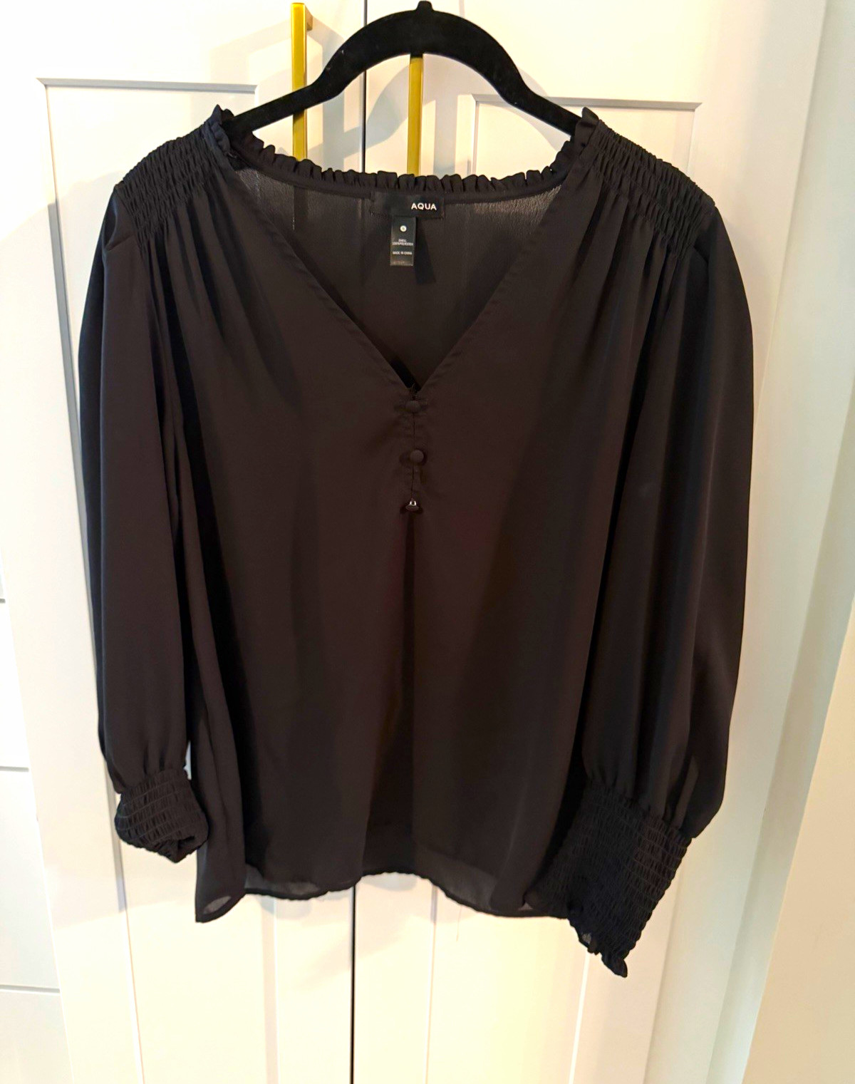 AQUA Black Chiffon Sheer V-Neck Button Front Smocked Cuff Blouse S