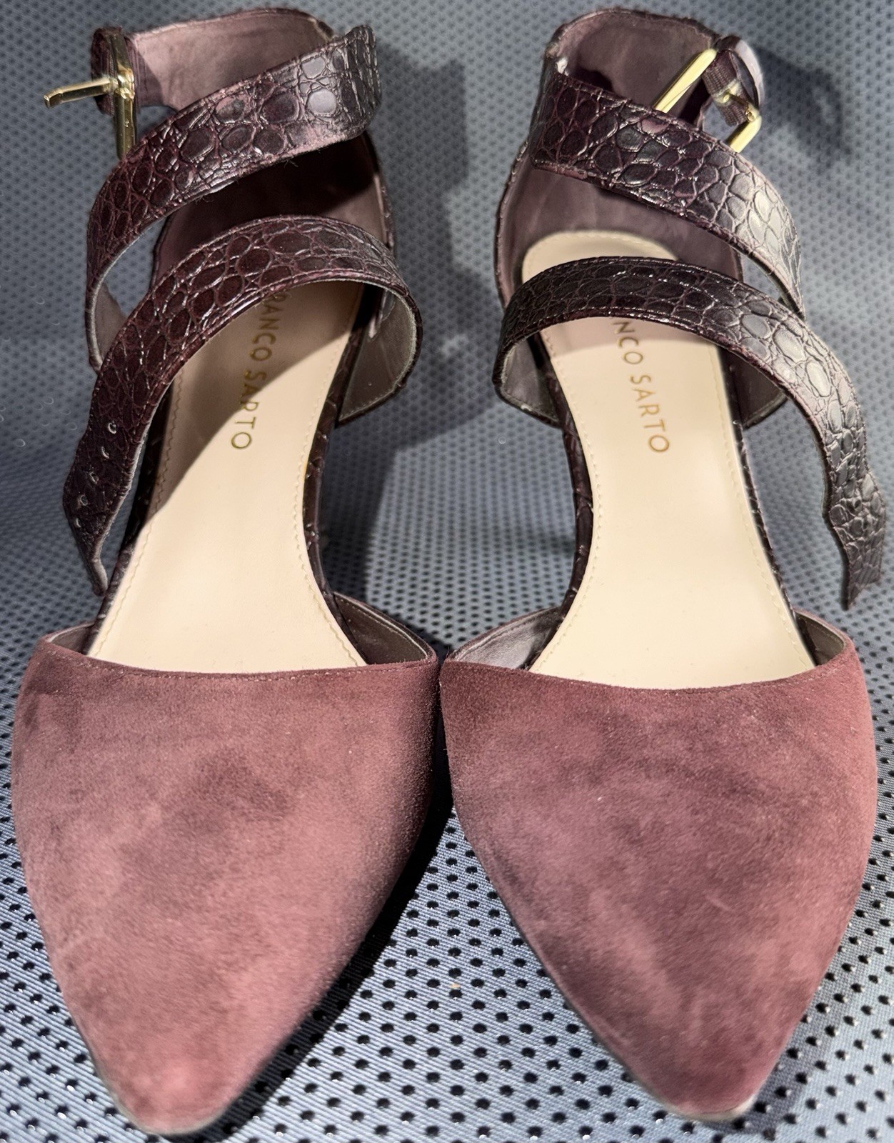 Franco Sarto Anazio Heels: Burgundy: Crocodile- Printed Leather Straps: W 7.5