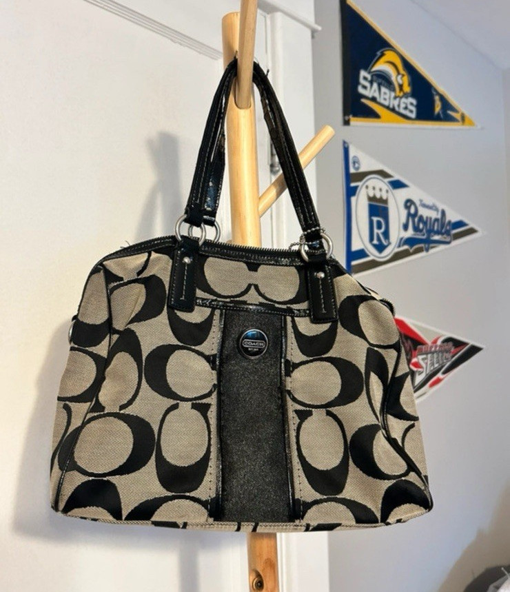 Coach Black/Beige Signature Logo Satchel Bag Zip Closure Silver Hardware Pockets