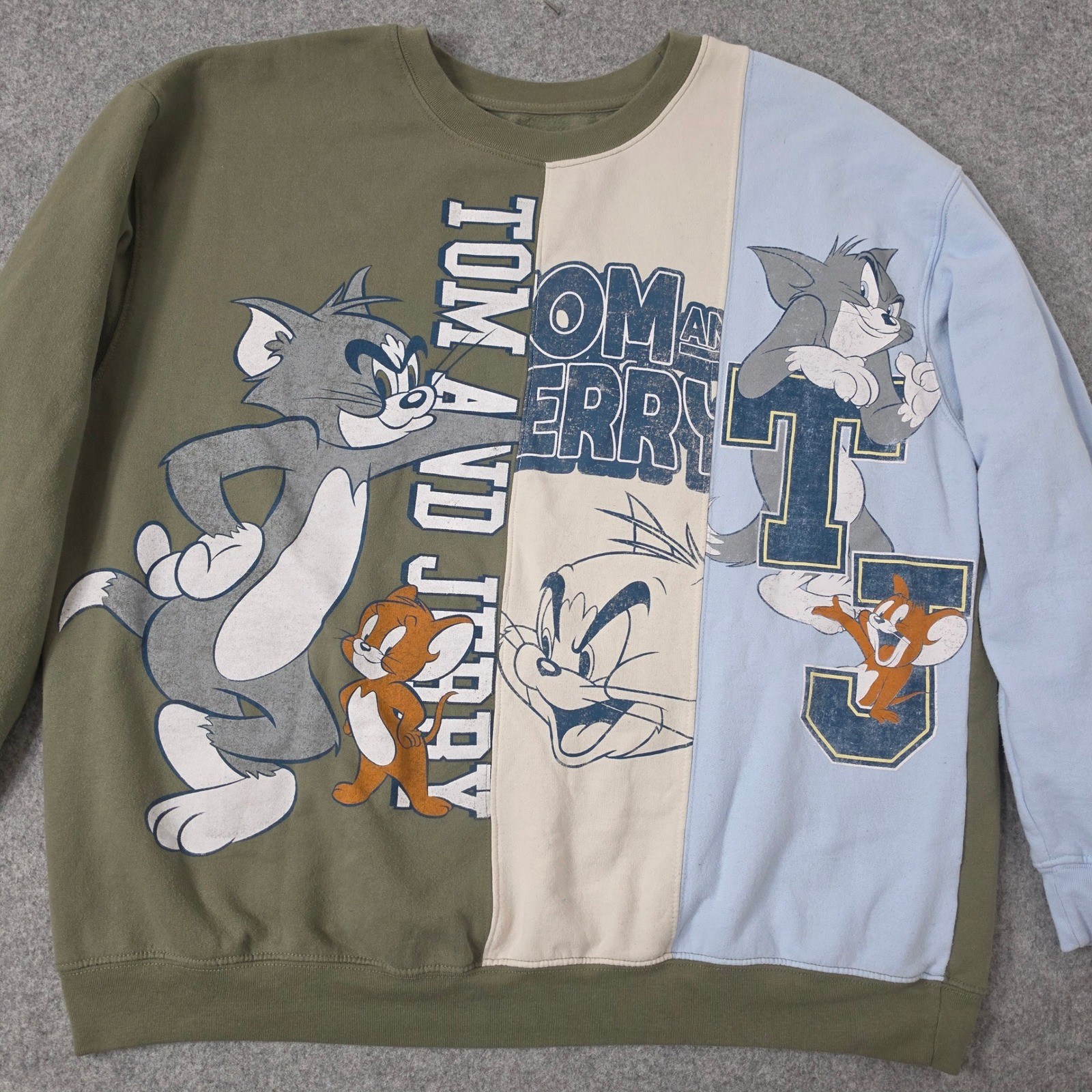 Tom and Jerry Colorblock Graphic Sweatshirt Men 3XL Green Artichoke Cartoon Y2K