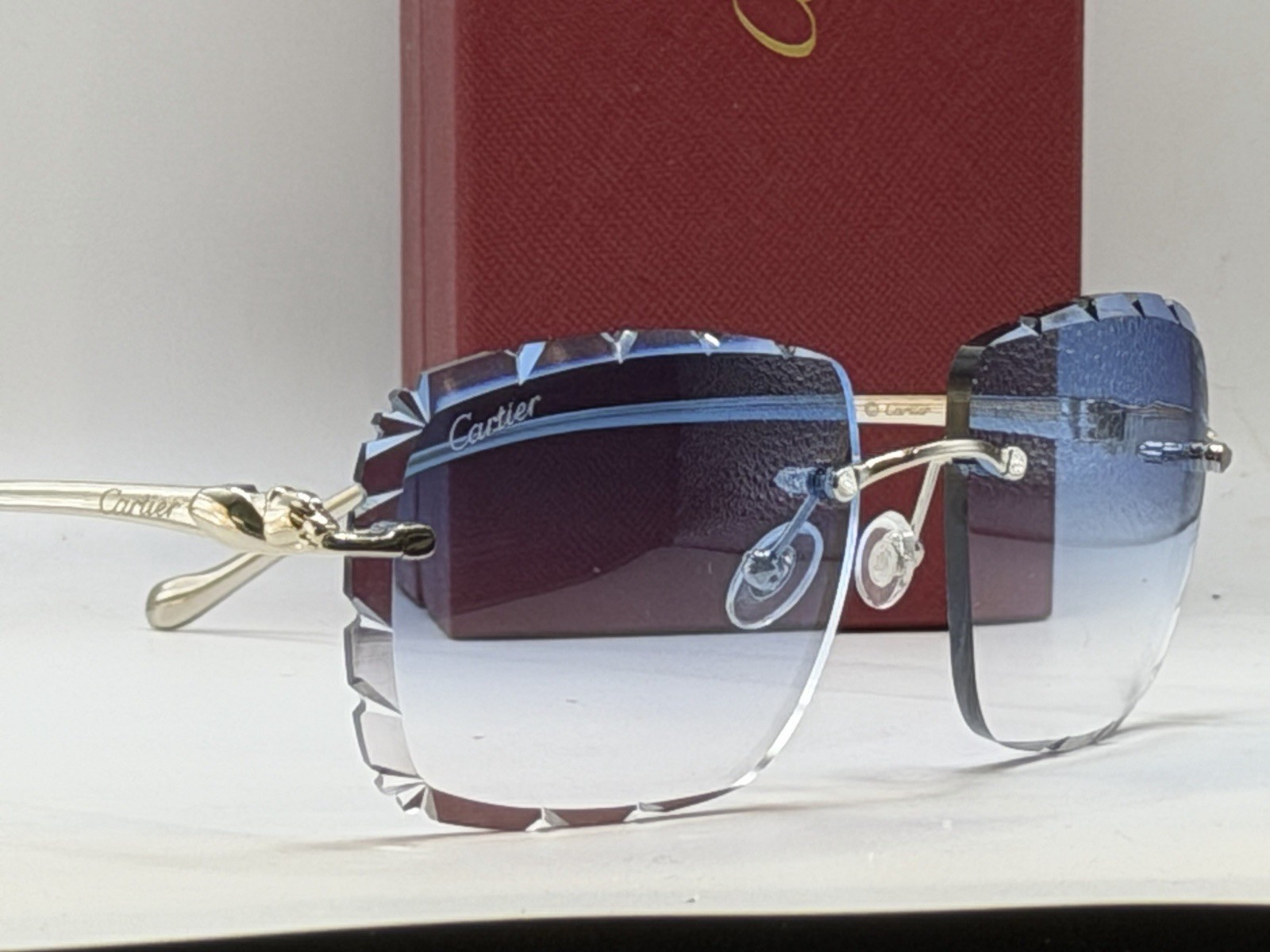 Cartier Panthere CT0061O 60mm Diamond Cut Gradient Blue Lens Silver Sunglasses