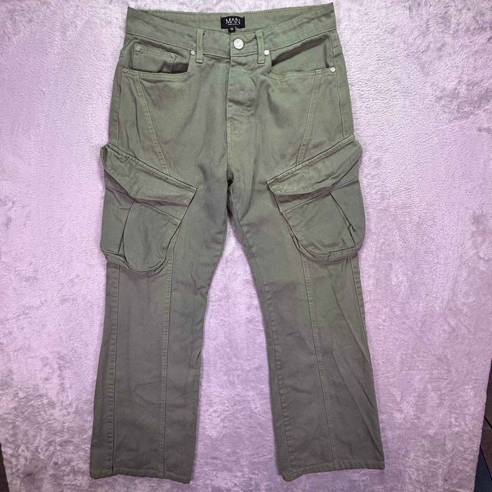 boohooMAN Mens Cargo Pants 32 Olive Green Cotton Utility Streetwear Button Fly