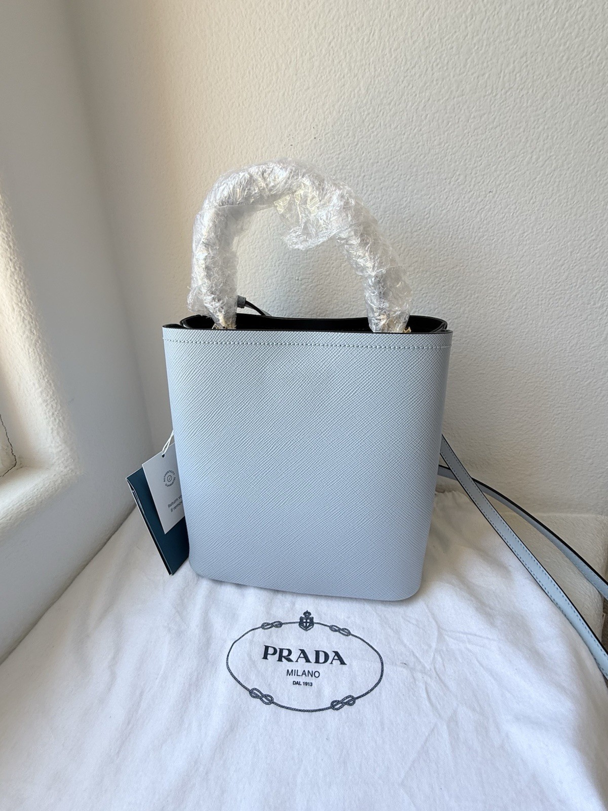 PRADA Light Blue Top Handle Satchel Detachable Strap Dust Bag Gold Hardware