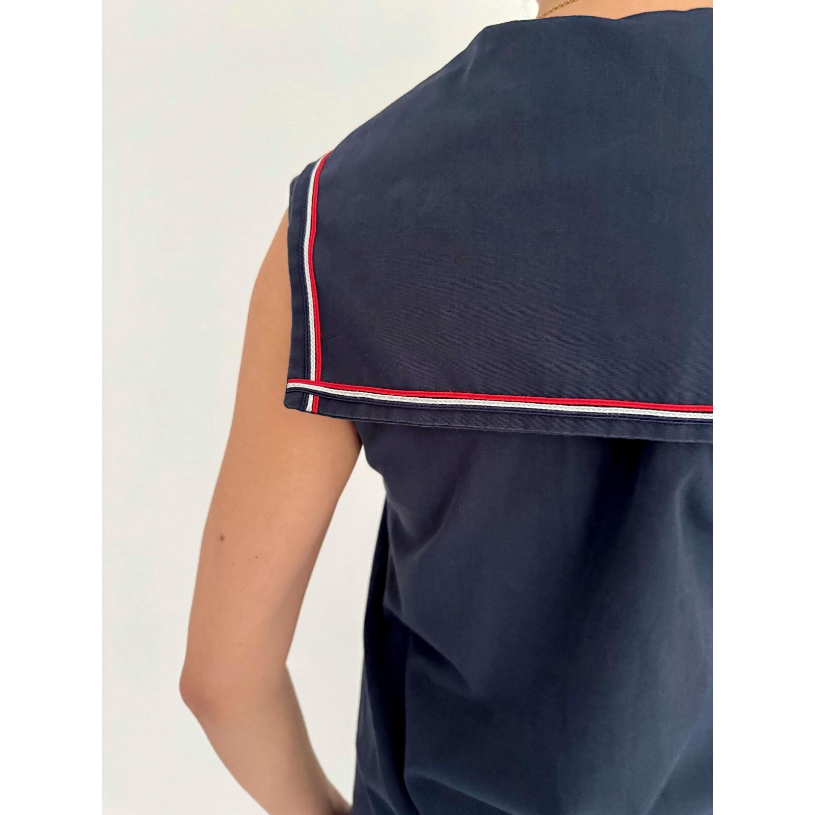 70s vintage navy blue nautical sailor collar retro pinup sleeveless midi dress