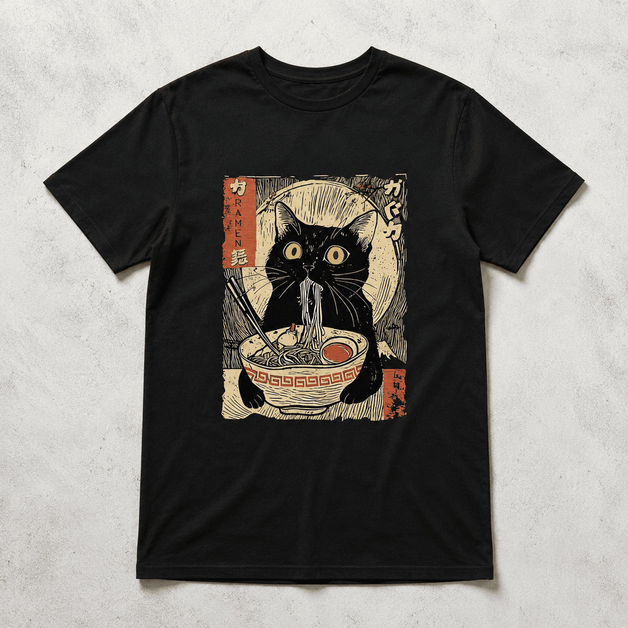 Ramen Cat Graphic Tee – Vintage Japanese Ukiyo-e Style Black Cat T-Shirt