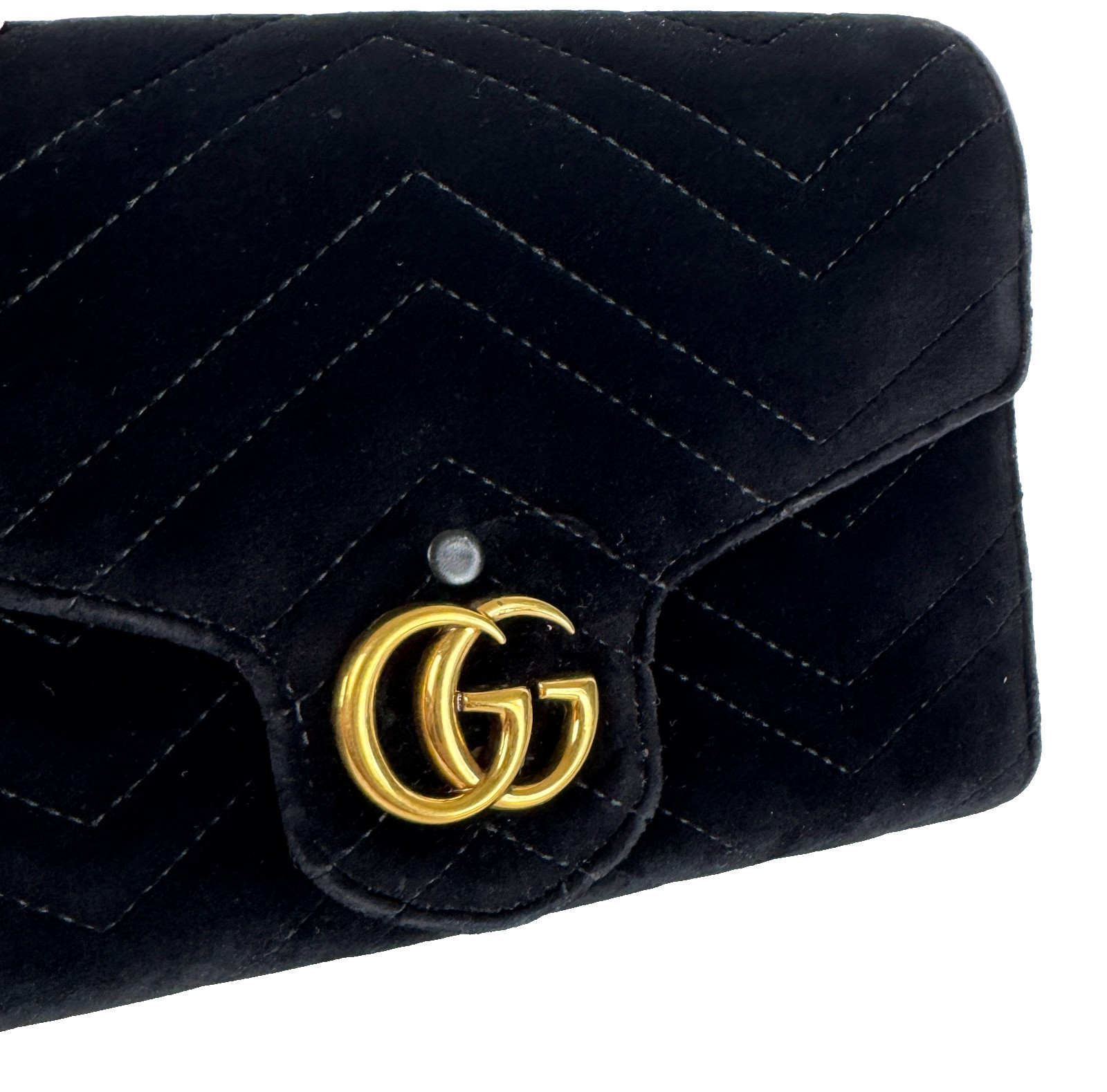 Gucci Auth Black Velvet Leather GG Marmont Mini Chain Strap Bag Wallet Crossbody