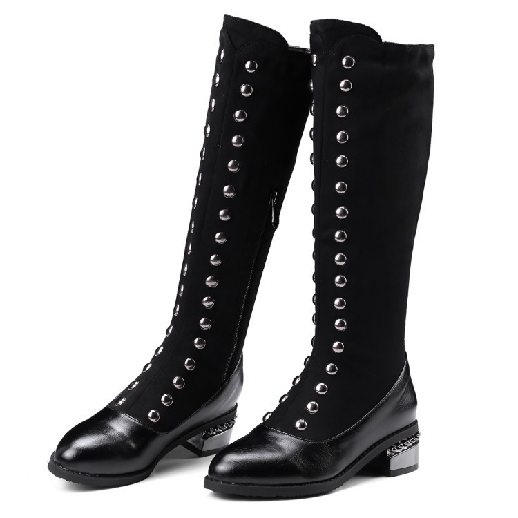 British Women’s Studded Pointy Toe Zip Knee High Boots Biker Gothic Riding Shoes