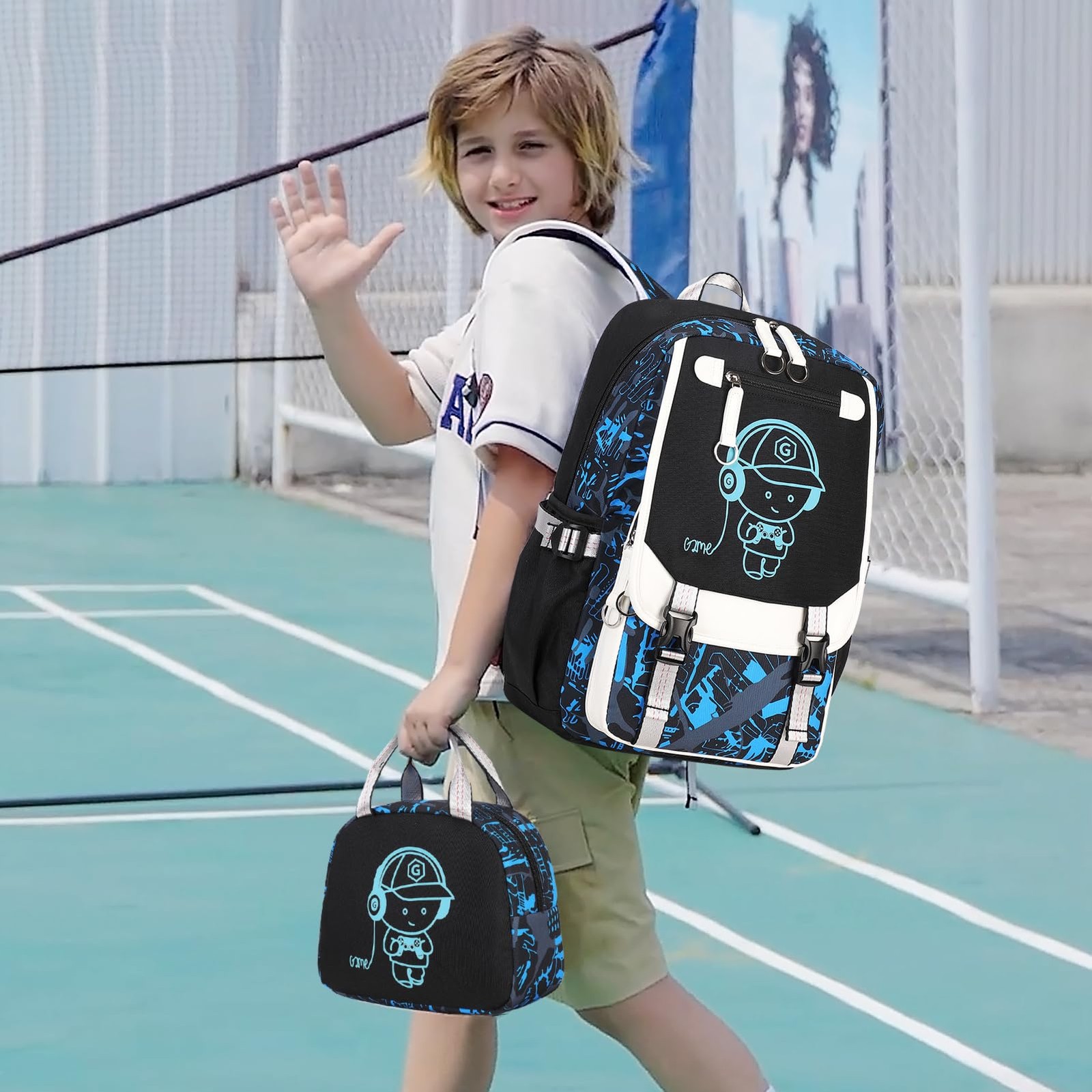 Backpack Boys Cool Luminous Lunch Box Pen Case USB Charging Port Music