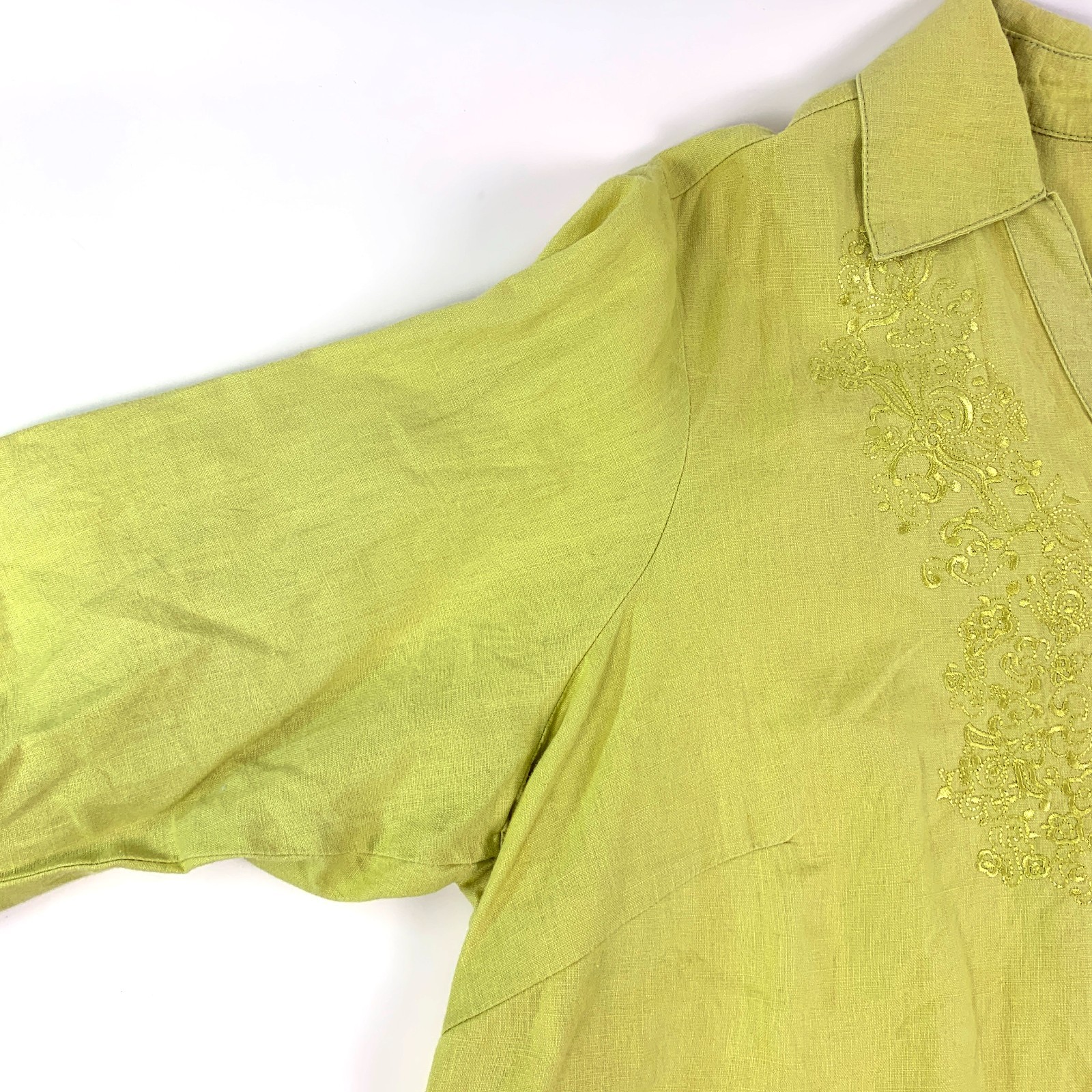 August Silk Options Button Up Blouse Sz 1X 100% Linen Lime Green Embroidered SEE