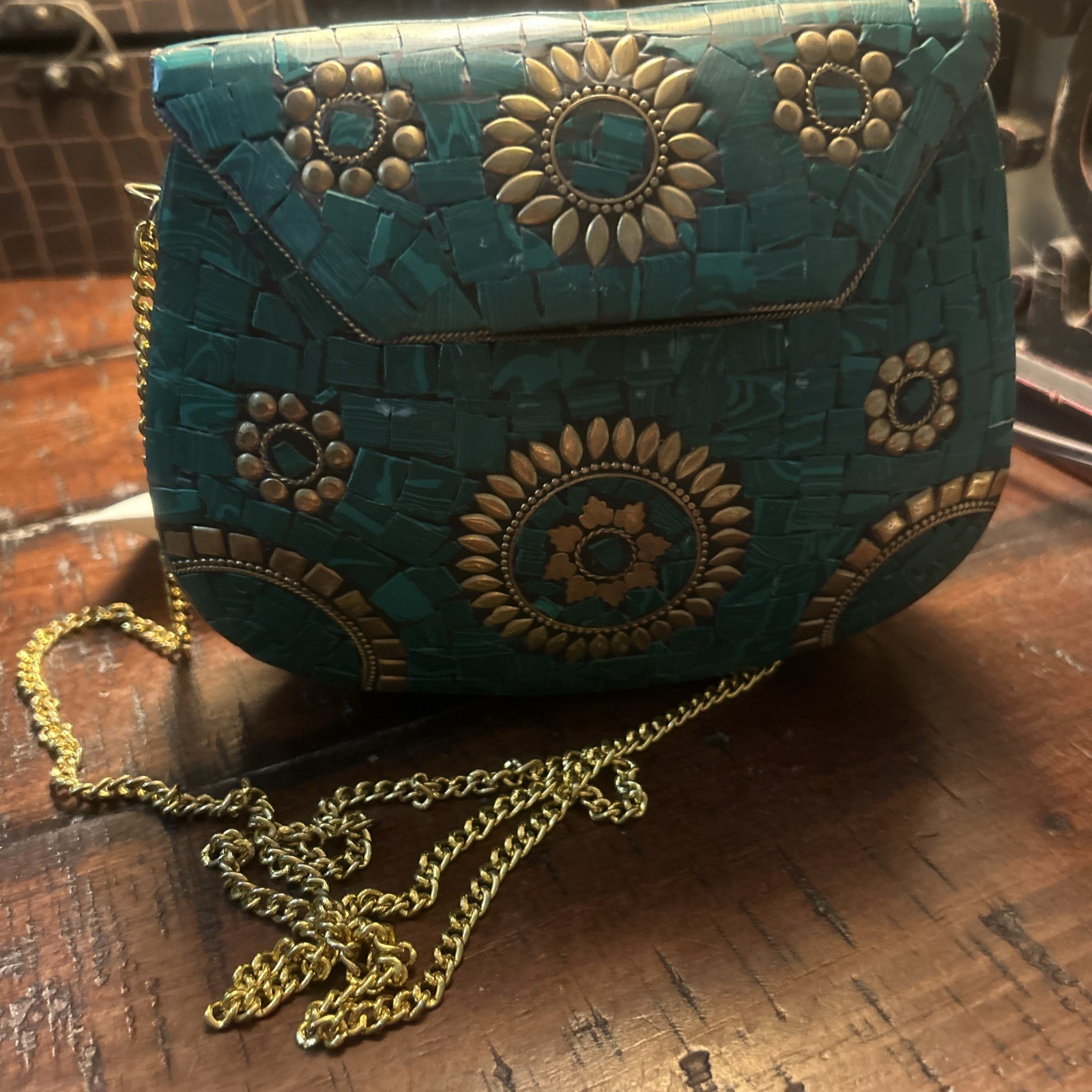 Unique Handcrafted Indian Handbag/ Turquoise Mosaic Stne Gld and Coper Details