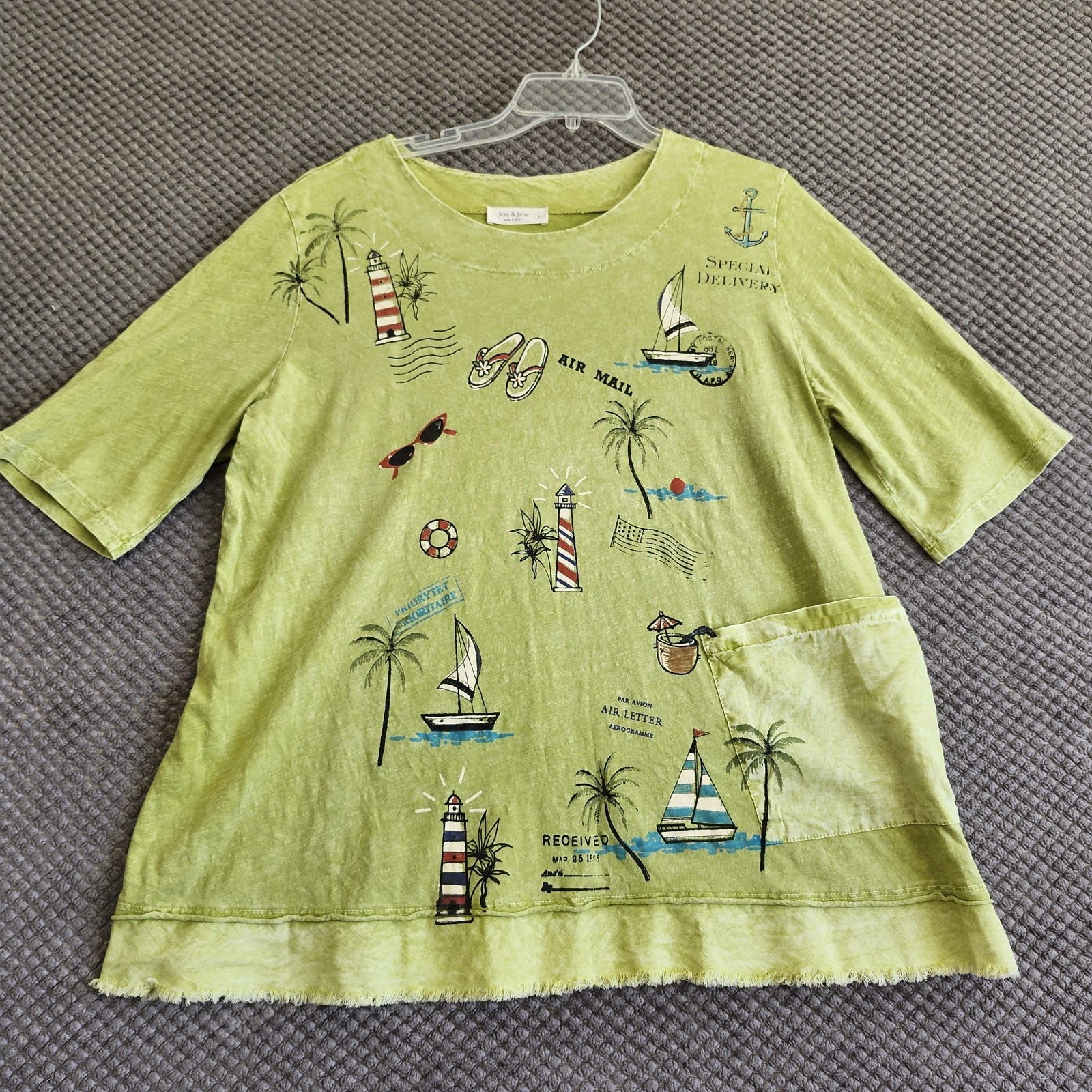 Jess & Jane Womens XL Top Beach Mineral Wash Green Cotton Elbow Sleeve Tunic