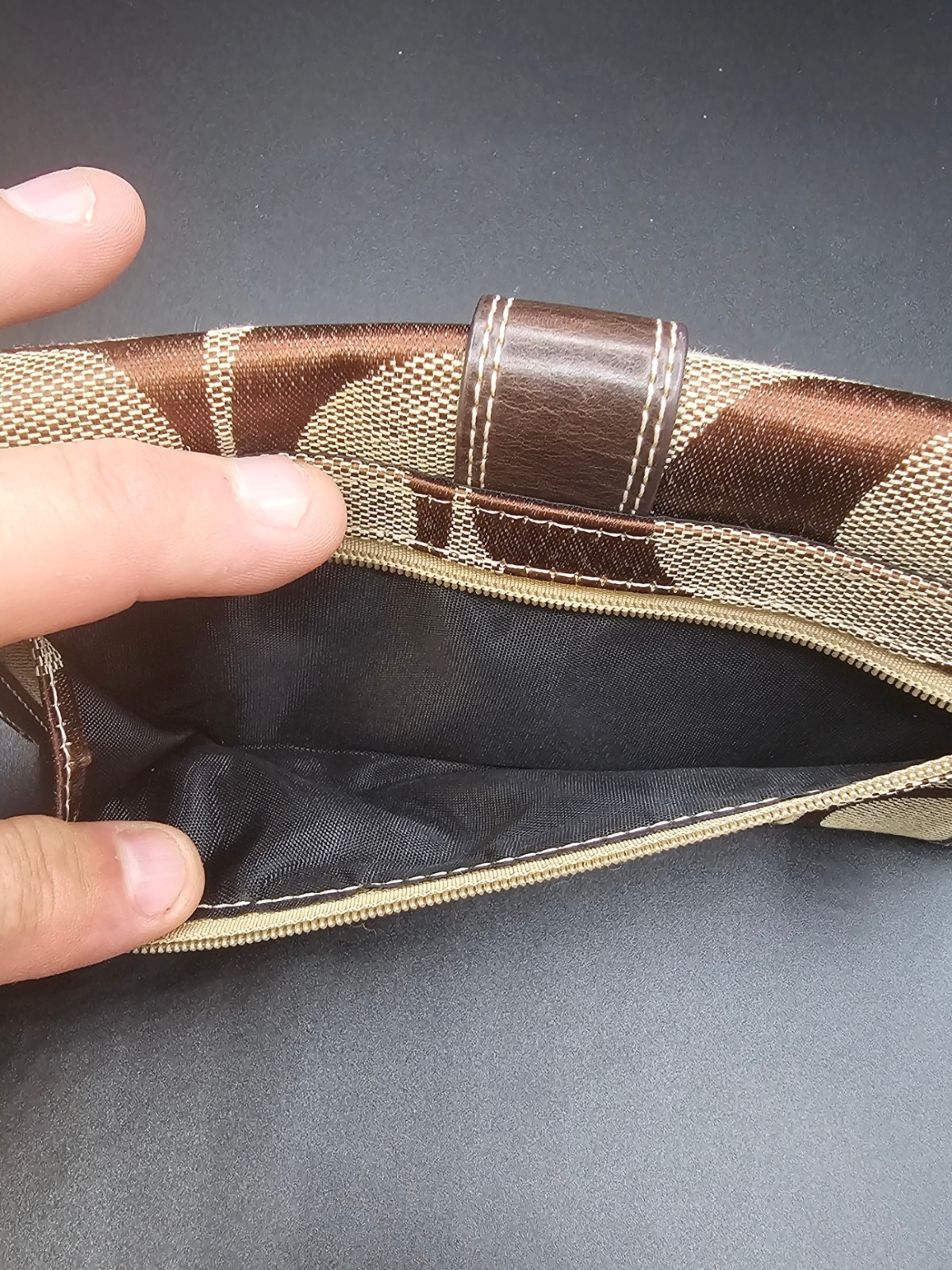 Brown Jacquard Canvas Long Wallet Checkbook Clutch Faux Leather Snap Closure